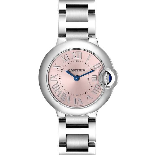 This image shows a front view of the Cartier Ballon Bleu W6920038 Women's Stainless Steel Pink Dial W6920038 Women's Stainless Steel Pink Dial watch, showcasing the dial and bracelet.