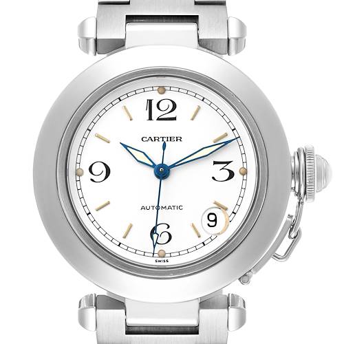 The image shows a frontal view of the Cartier Pasha W31015M7 Men's Stainless Steel White Dial watch, highlighting the dial, crown, and bracelet attachment.