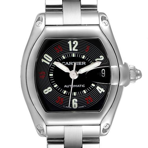 The image shows a front, close-up view of the Cartier Roadster W62002V3 Men's Stainless Steel Black Dial W62002V3 Men's Stainless Steel Black Dial watch, highlighting its dial and part of the bracelet.