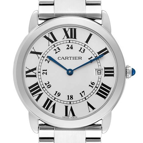 The Cartier Ronde W6701005 Men's Stainless Steel Silver Dial W6701005 Men's Stainless Steel Silver Dial watch is shown from the front, displaying the dial, hands, crown, and part of the metal bracelet.
