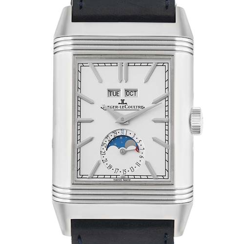 The Jaeger LeCoultre Reverso Q3918420 Men's Stainless Steel Silver Dial watch is shown from a front angle, highlighting its face, date, and moon phase features.