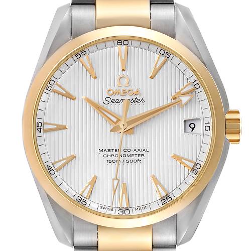 The image shows a front view of the Omega Aqua Terra 231.20.39.21.02.002 Men's Steel and Gold (two tone) Silver Dial 231.20.39.21.02.002 Men's Steel and Gold (two tone) Silver Dial watch featuring its round dial, date window, and gold-silver casing.