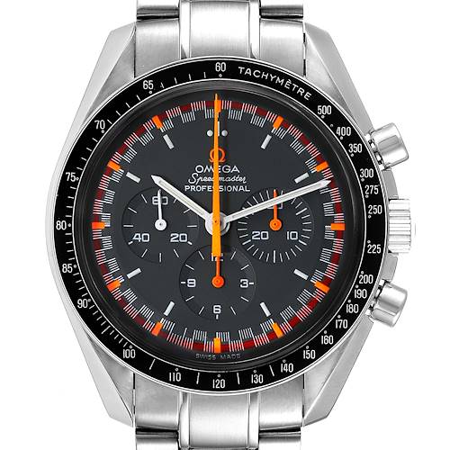 This is a front-facing view of an Omega Speedmaster 3570.40.00 Men's Stainless Steel Grey Dial 3570.40.00 Men's Stainless Steel Grey Dial watch, showing the dial, bezel, subdials, and stainless steel bracelet.