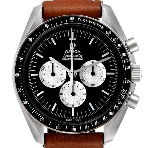 This is a front view of the Omega Speedmaster 311.32.42.30.01.001 Men's Steel and Gold (two tone)  311.32.42.30.01.001 Men's Steel and Gold (two tone)  watch showing the face, bezel, sub-dials, and part of the strap.