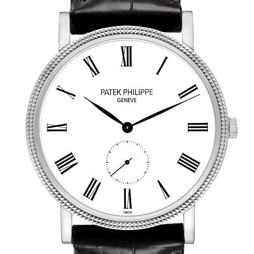 The Patek Philippe Calatrava 5119G Men's White Gold White Dial watch is shown from the front, displaying the dial, bezel, lugs, and strap.