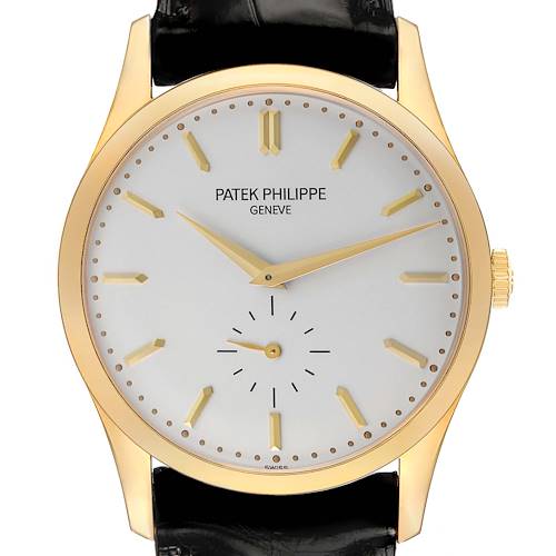 The Patek Philippe Calatrava 5196J Men's Yellow Gold Silver Dial watch is shown from a front angle, displaying its dial, gold case, and black leather strap.