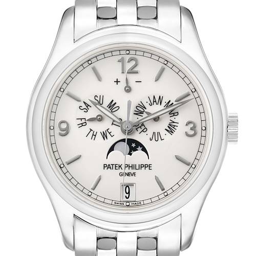 The Patek Philippe Complications 5146G Men's White Gold White Dial watch is shown from the front, displaying the dial with day, date, month, and moon phase.