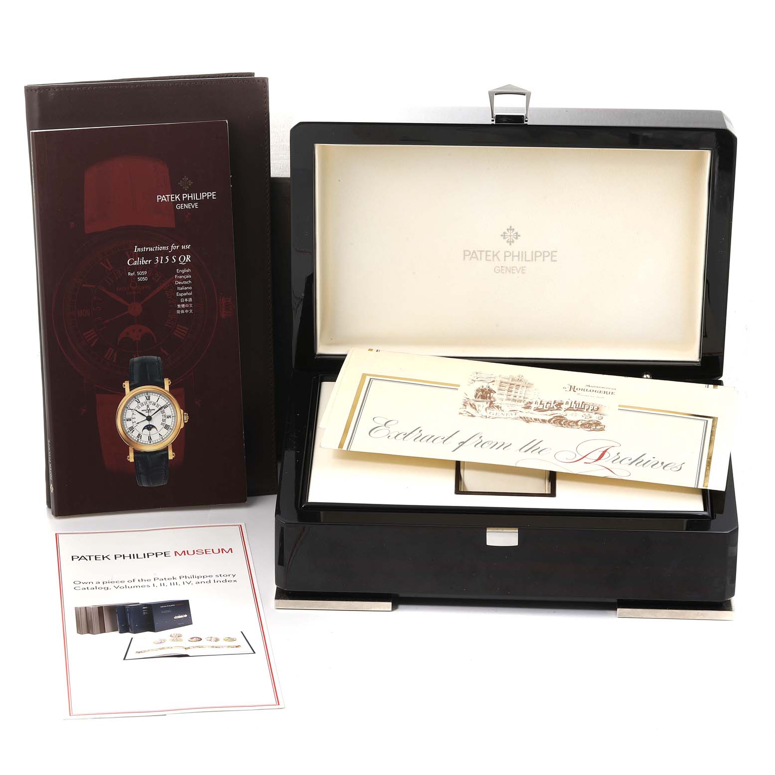 The image shows the box, manual, and paperwork for a Patek Philippe Complications 5059R Men's Rose Gold White Dial 5059R Men's Rose Gold White Dial watch, including an authenticity certificate.