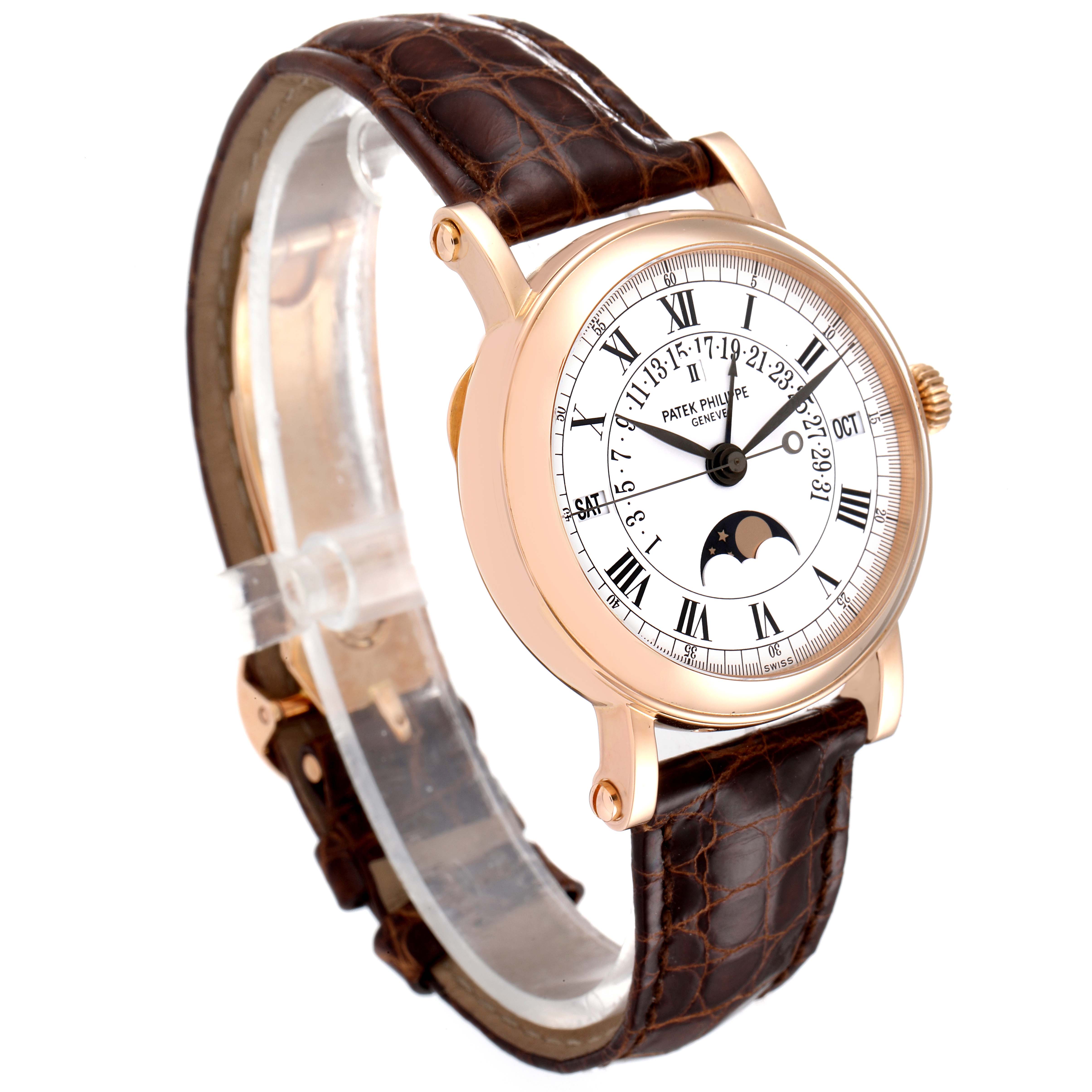 The Patek Philippe Complications 5059R Men's Rose Gold White Dial 5059R Men's Rose Gold White Dial model watch is shown at a three-quarter angle, highlighting its face, bezel, crown, and leather strap.