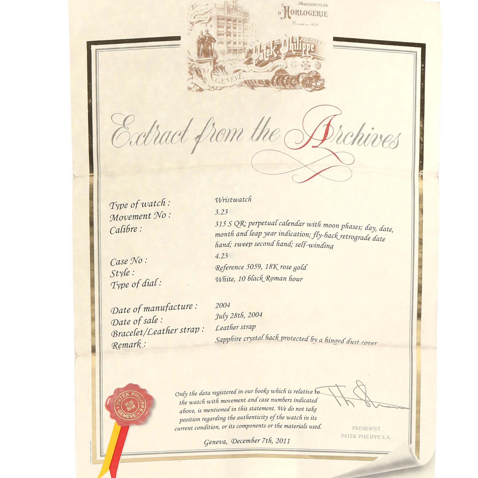 The image shows a certificate extraction from the archives for a Patek Philippe Complications 5059R Men's Rose Gold White Dial 5059R Men's Rose Gold White Dial wristwatch model 5059.