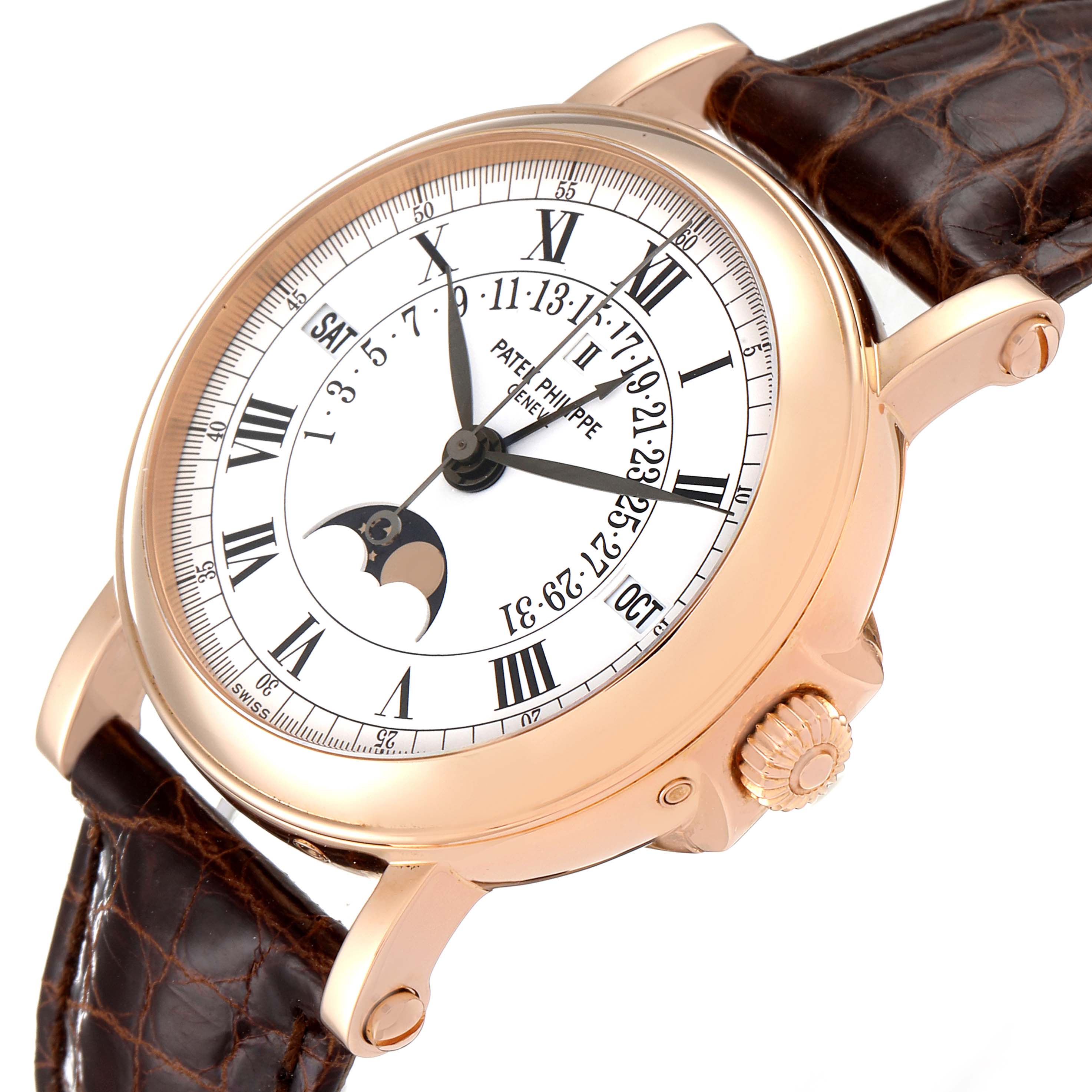 The image shows a Patek Philippe Complications 5059R Men's Rose Gold White Dial 5059R Men's Rose Gold White Dial model watch at an angle highlighting the dial, crown, and brown leather strap.