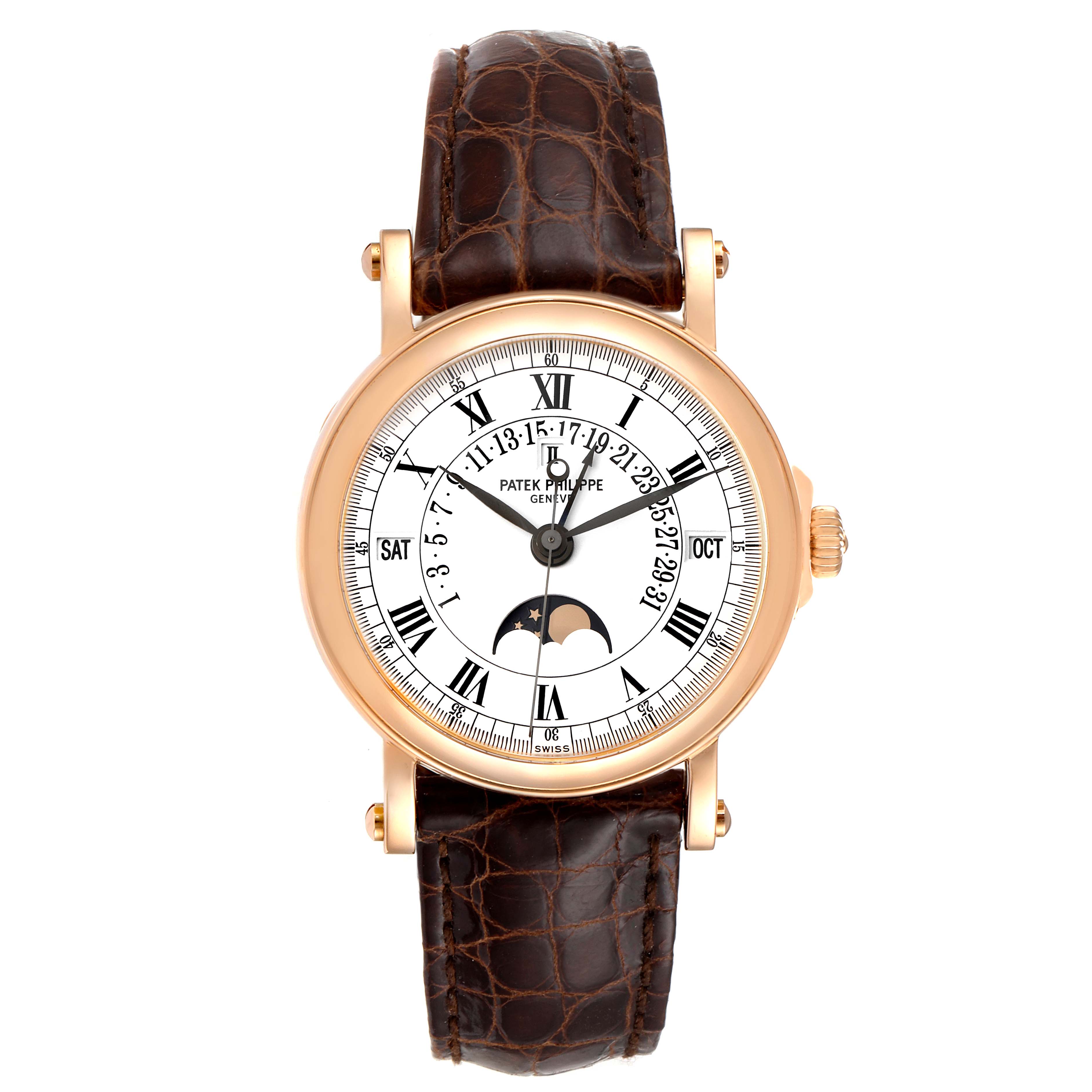 The image shows a Patek Philippe Complications 5059R Men's Rose Gold White Dial 5059R Men's Rose Gold White Dial model watch, front view, featuring a white dial, Roman numerals, and a brown leather strap.