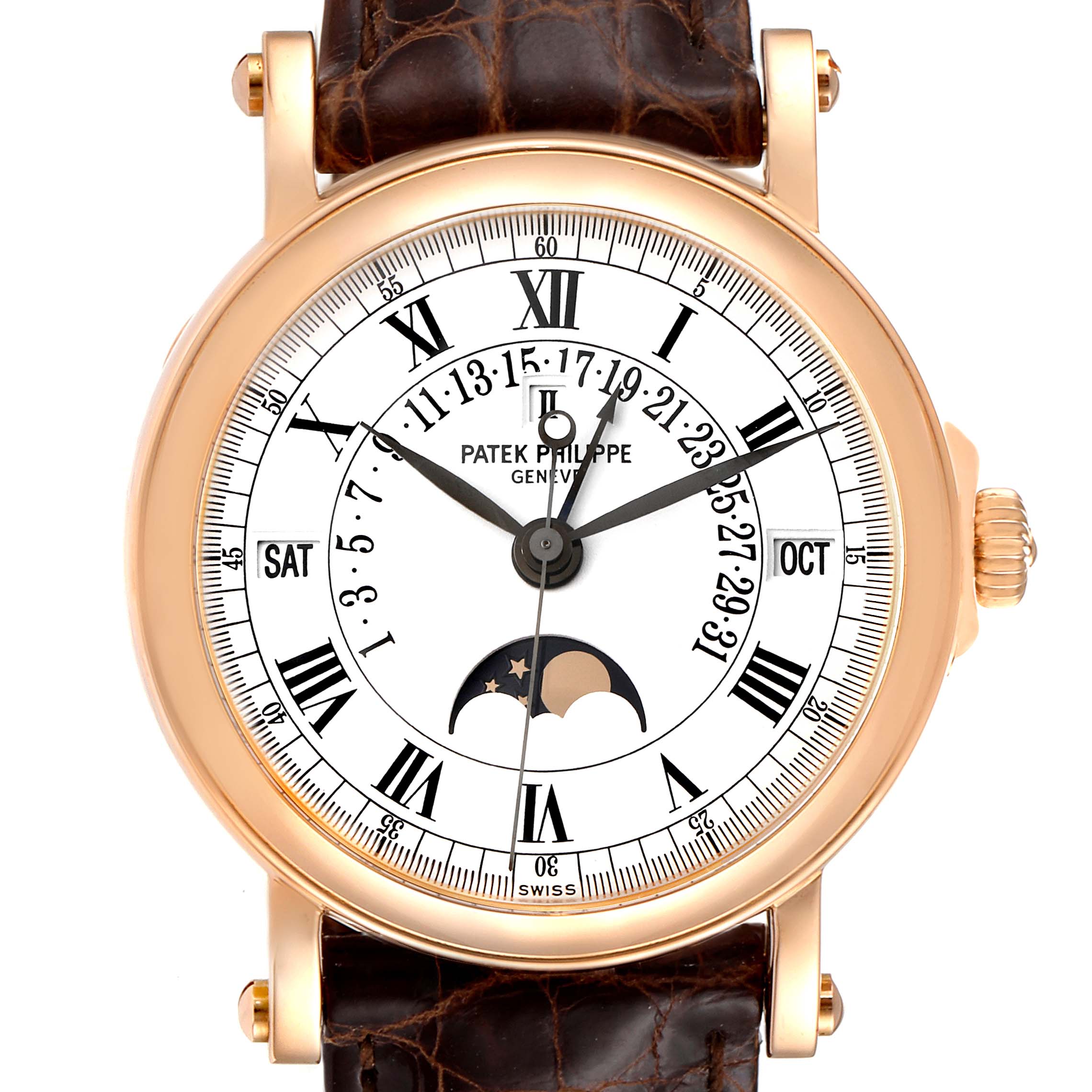 The image shows a front view of a Patek Philippe Complications 5059R Men's Rose Gold White Dial 5059R Men's Rose Gold White Dial model watch, highlighting its dial, hands, and moon phase display.