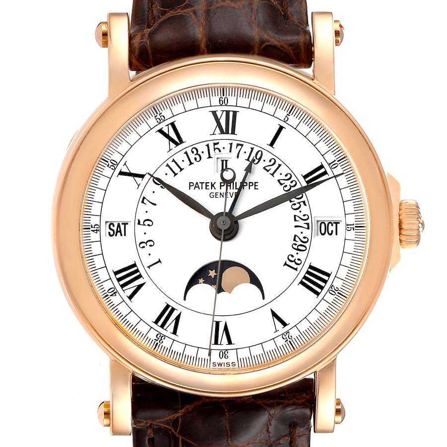 The image shows a front view of a Patek Philippe Complications 5059R Men's Rose Gold White Dial 5059R Men's Rose Gold White Dial model watch, highlighting its dial, hands, and moon phase display.