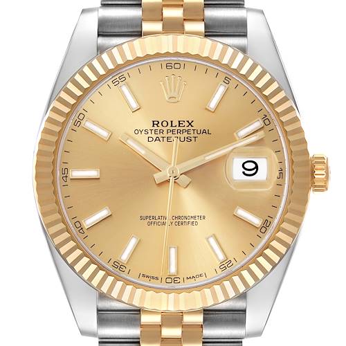 The Rolex Datejust 41 126333 Men's Steel and Gold (two tone) Champagne Dial 126333 Men's Steel and Gold (two tone) Champagne Dial watch is shown from the front, highlighting the gold dial, fluted bezel, and two-tone Jubilee bracelet.