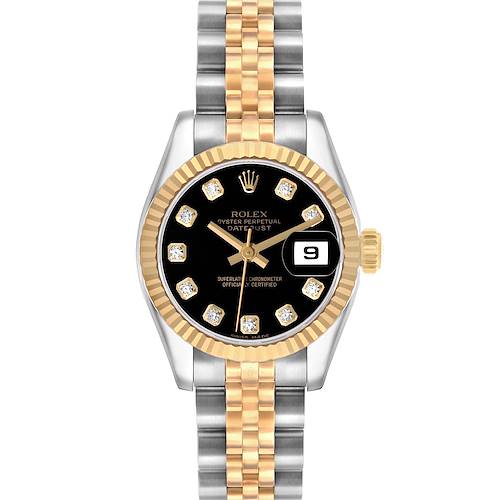 The Rolex Datejust 179173 Women's Steel and Gold (two tone) Black Dial watch is shown from a front angle, highlighting its black dial, diamond hour markers, and two-tone bracelet.