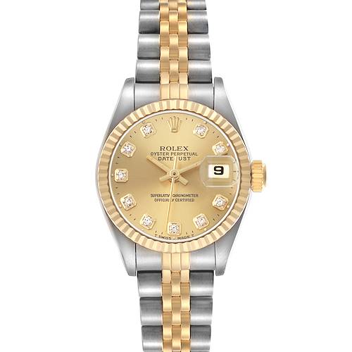 The Rolex Datejust 69173 Women's Steel and Gold (two tone) Champagne Dial watch is shown from a top-down angle, highlighting the dial, bezel, and two-tone bracelet.