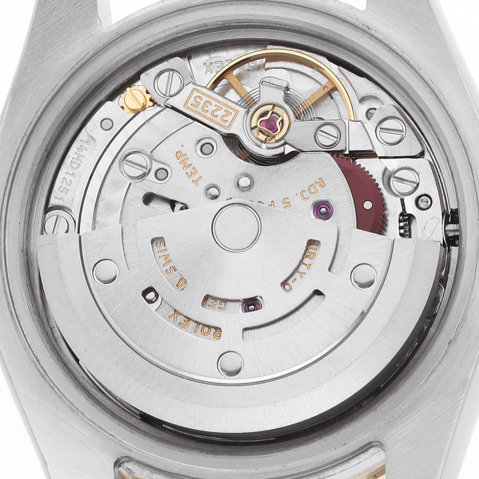 This image shows the internal mechanical movement of a Rolex Datejust 179383 Women's Steel and Gold (two tone) Black Dial watch from a top-down angle.