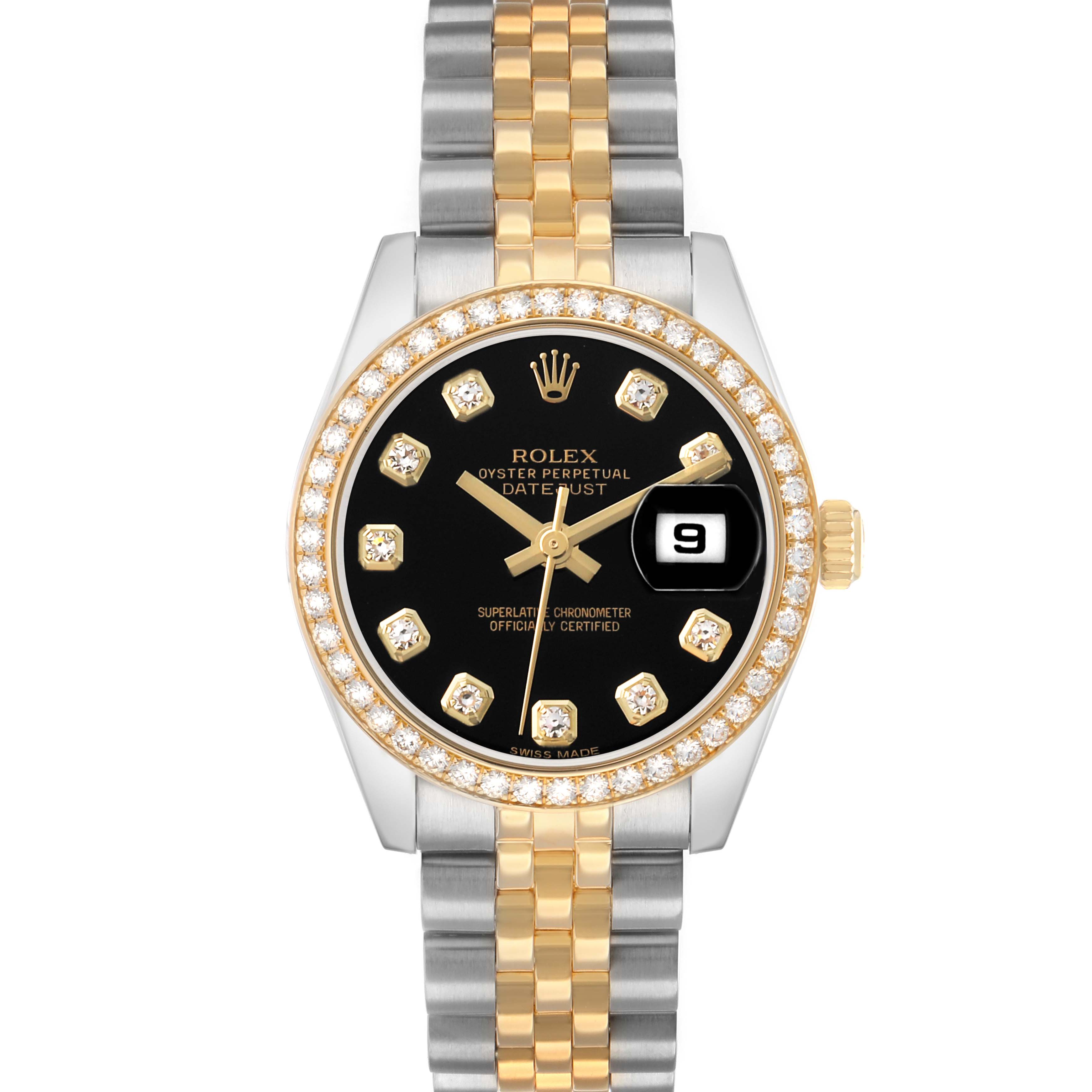 The Rolex Datejust 179383 Women's Steel and Gold (two tone) Black Dial is shown from a front angle, displaying its black dial, diamond markers, and two-tone bracelet.