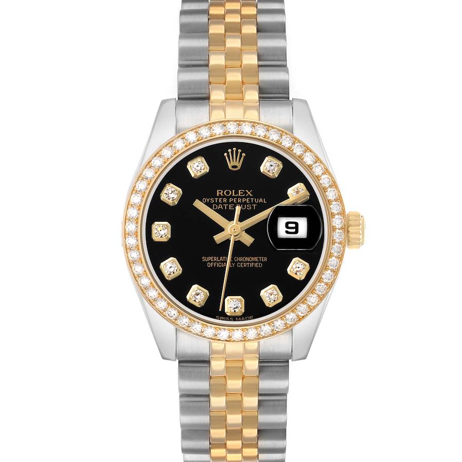 The Rolex Datejust 179383 Women's Steel and Gold (two tone) Black Dial is shown from a front angle, displaying its black dial, diamond markers, and two-tone bracelet.