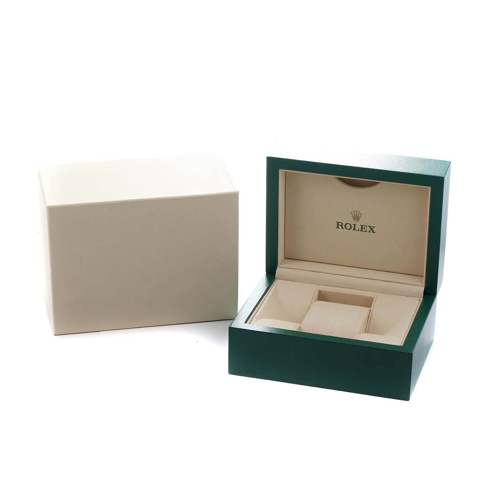 The image shows an open Rolex Datejust 179383 Women's Steel and Gold (two tone) Black Dial watch box with a separate outer box, viewed from a slightly elevated angle.