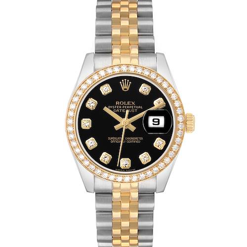 The Rolex Datejust 179383 Women's Steel and Gold (two tone) Black Dial watch is shown from a front angle, displaying its diamond bezel, black dial, and two-tone bracelet.