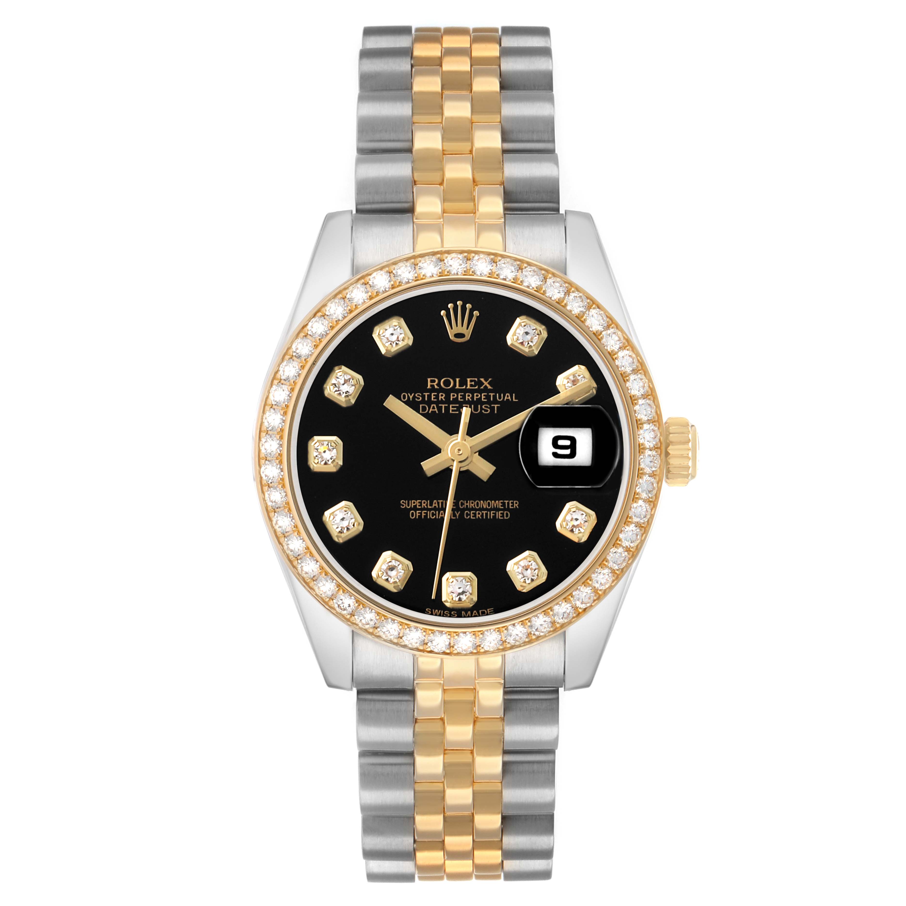 The Rolex Datejust 179383 Women's Steel and Gold (two tone) Black Dial watch is shown from a top view, highlighting the bezel, dial, markers, and bracelet.