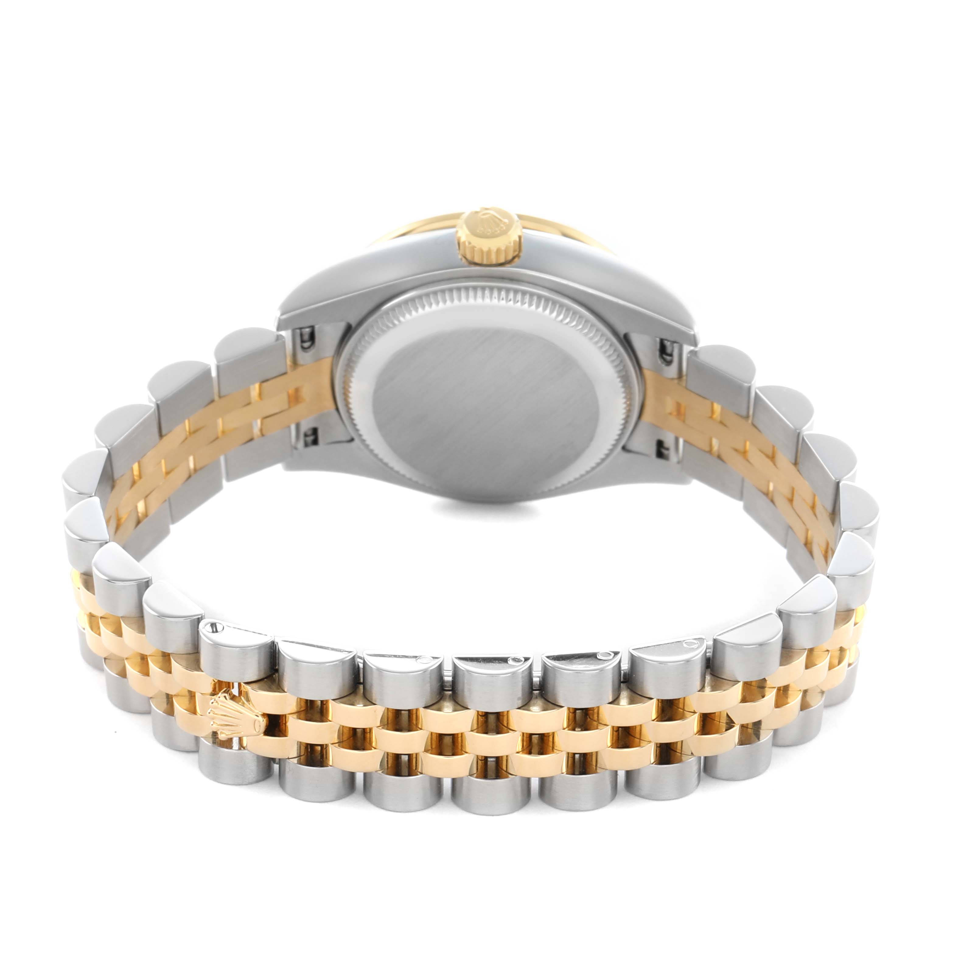 The image shows the back of a Rolex Datejust 179383 Women's Steel and Gold (two tone) Black Dial watch, highlighting the two-tone bracelet and case back.