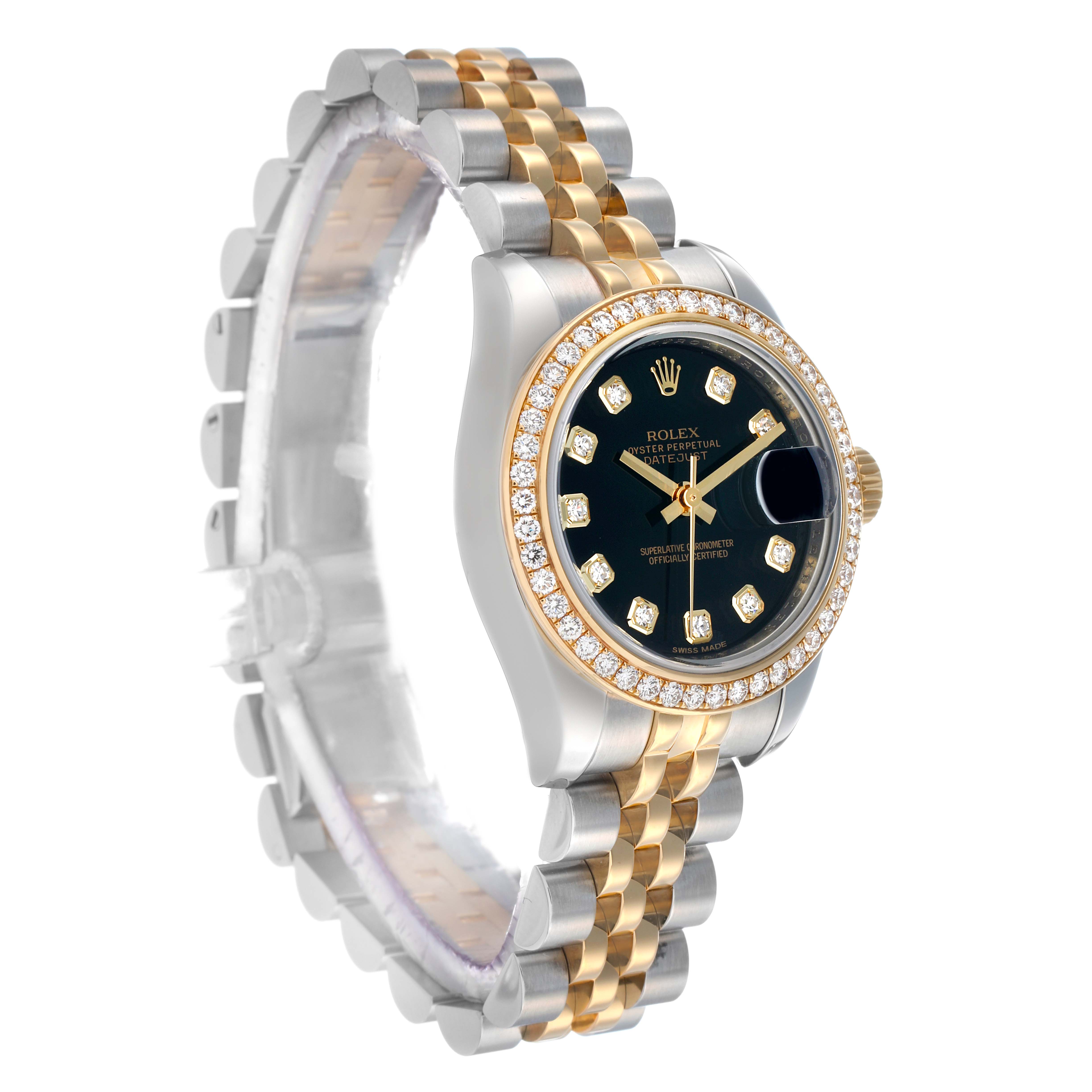 The Rolex Datejust 179383 Women's Steel and Gold (two tone) Black Dial watch is shown at a three-quarter angle, highlighting the gold and steel bracelet, diamond bezel, and black dial.