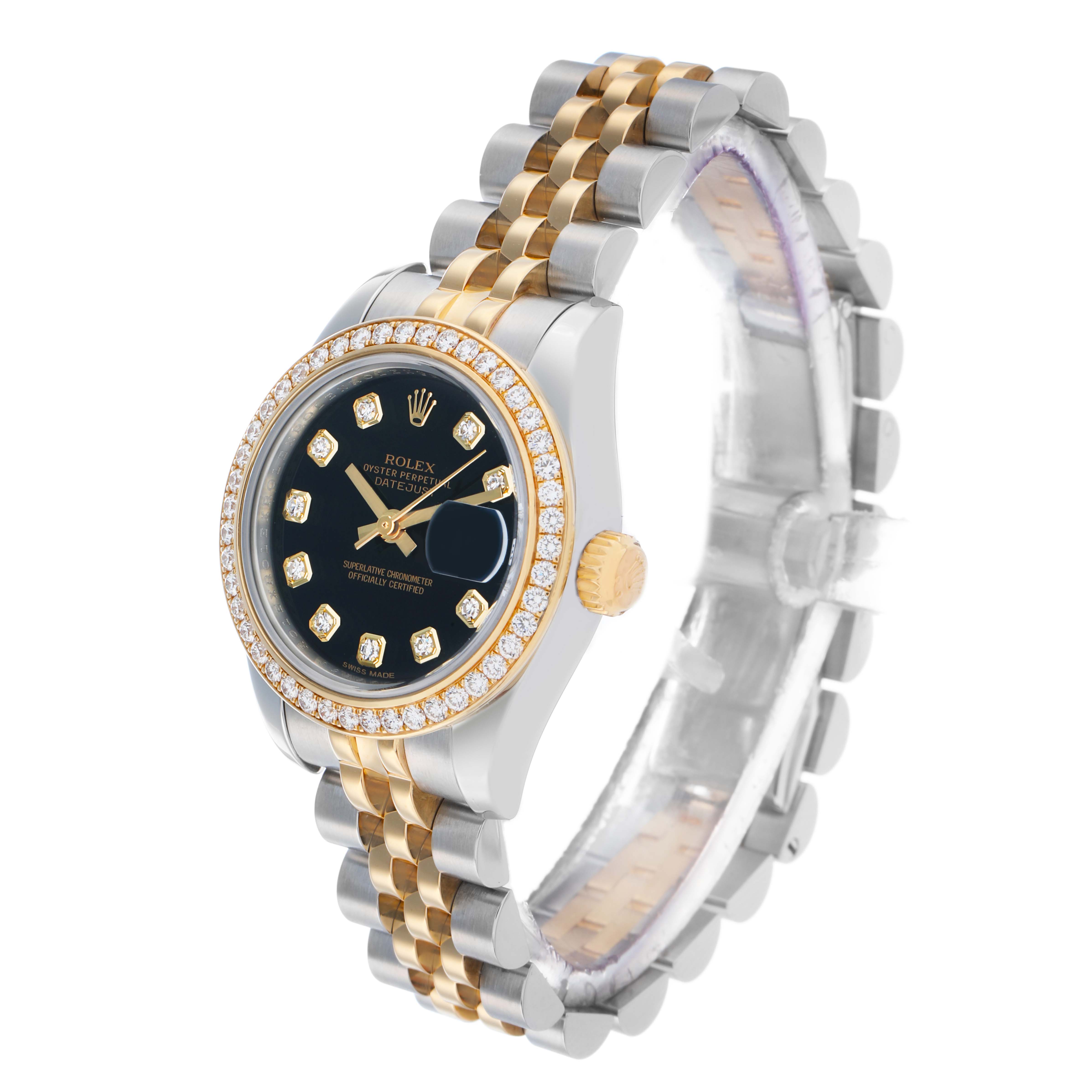 The image shows a side angle of the Rolex Datejust 179383 Women's Steel and Gold (two tone) Black Dial watch, highlighting the bezel, dial, crown, and two-tone bracelet.