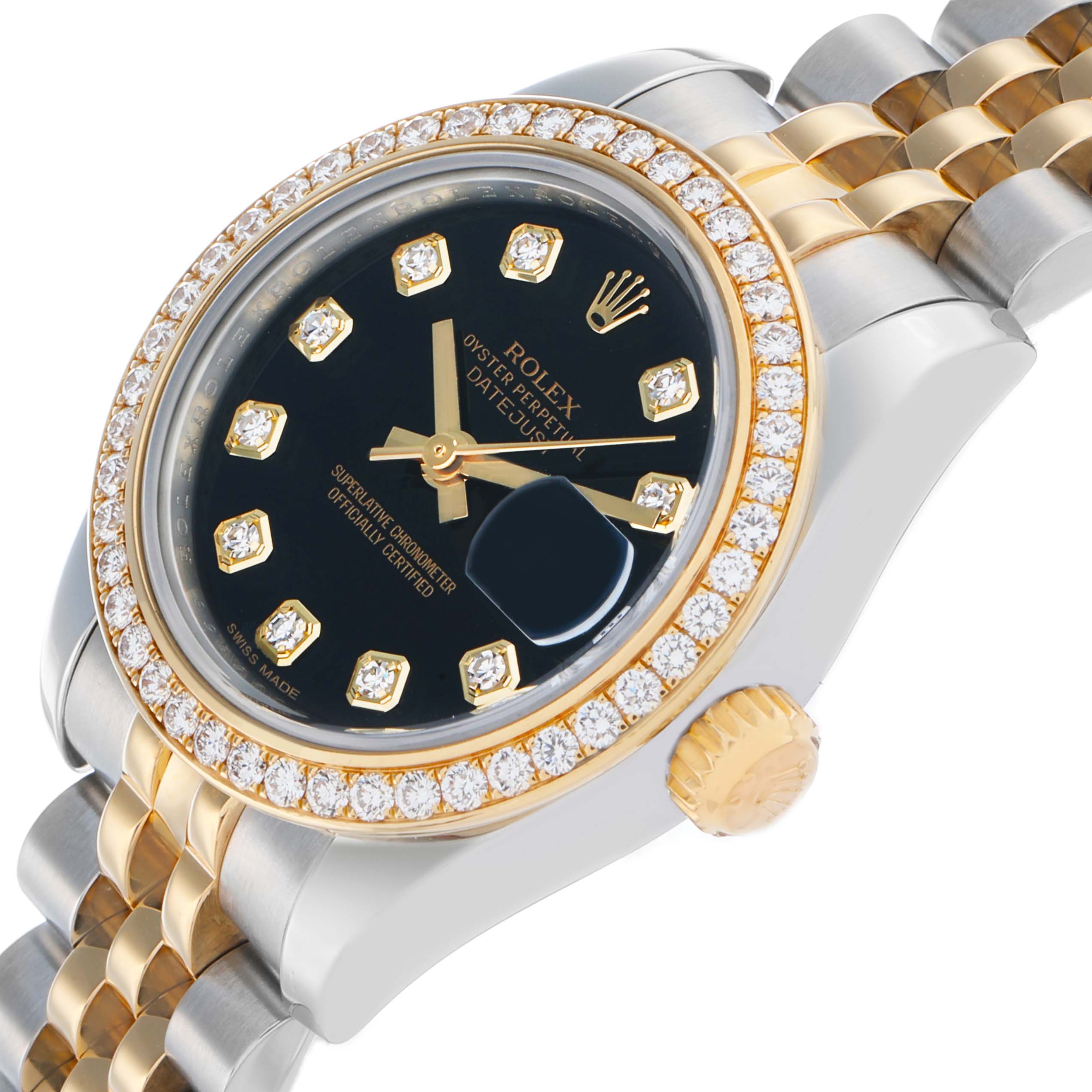 The Rolex Datejust 179383 Women's Steel and Gold (two tone) Black Dial watch is shown at an angled side view, highlighting the black dial, diamond bezel, and two-tone bracelet.