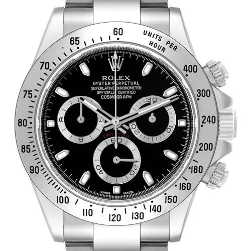 This image shows a front view of the Rolex Daytona 116520 Men's Stainless Steel Black Dial 116520 Men's Stainless Steel Black Dial watch, highlighting its black dial, bezel, and chronograph subdials.