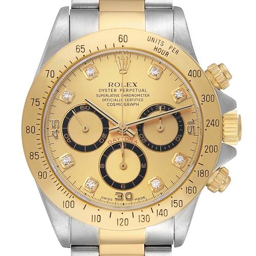 The Rolex Daytona 16523 Men's Steel and Gold (two tone) Champagne Dial watch is shown from a front angle, highlighting its dial, bezel, and chronograph subdials.