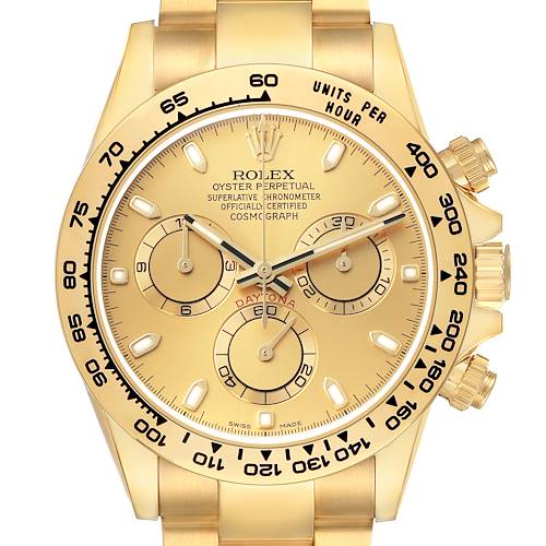 The Rolex Daytona 116508 Men's Yellow Gold Champagne Dial watch is shown from a front angle, highlighting the dial, bezel, and pushers.
