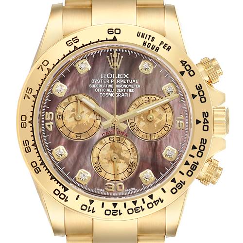 The Rolex Daytona 116508 Men's Yellow Gold Mother of Pearl Dial watch is shown from the front, displaying the bezel, dial, subdials, and crown.