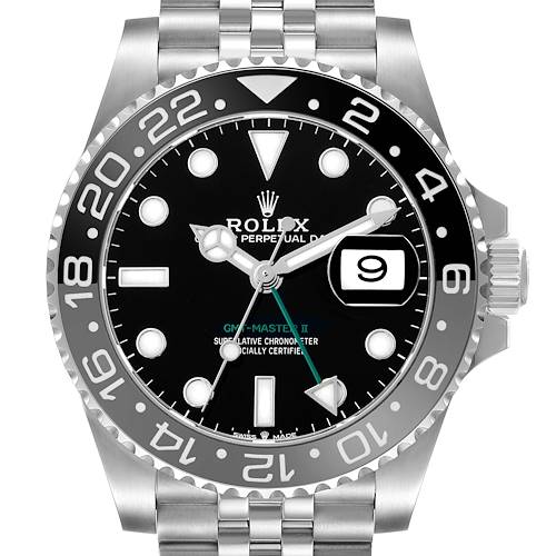 The image shows a front view of the Rolex GMT-Master 126710 Men's Stainless Steel Black Dial II watch with its bezel, dial, and part of the bracelet visible.