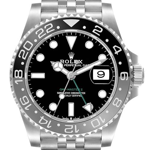 The Rolex GMT-Master 126710 Men's Stainless Steel Black Dial watch is shown from a front angle, highlighting the dial, bezel, and part of the bracelet.