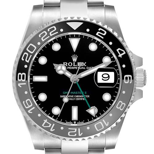 The Rolex GMT-Master 126710 Men's Stainless Steel Black Dial model is shown from a front angle, highlighting the dial, bezel, and part of the bracelet.