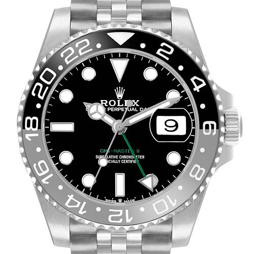 The image shows a front view of a Rolex GMT-Master 126710 Men's Stainless Steel Black Dial's face, bezel, and part of the bracelet.