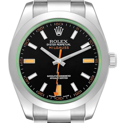 The Rolex Milgauss 116400 Men's Stainless Steel Black Dial 116400 Men's Stainless Steel Black Dial watch is shown from the front, displaying its dial, hands, markers, and bezel.