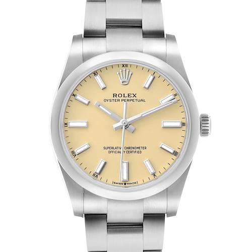 The Rolex Oyster Perpetual 124200 Men's Stainless Steel Beige Dial watch is shown from the front, displaying the dial, hands, markers, and part of the bracelet.