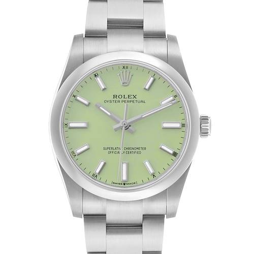 The Rolex Oyster Perpetual 124200 Men's Stainless Steel Green Dial watch is shown from a front angle, displaying its face, dial, bezel, crown, and part of the bracelet.