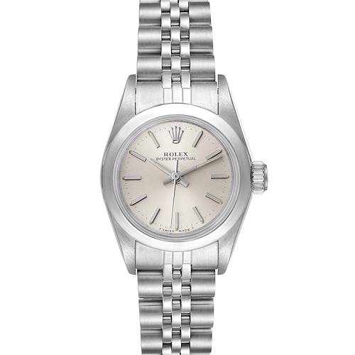 The image shows a front view of a Rolex Oyster Perpetual 67180 Women's Stainless Steel Silver Dial 67180 Women's Stainless Steel Silver Dial watch displaying its face, dial, crown, and bracelet.