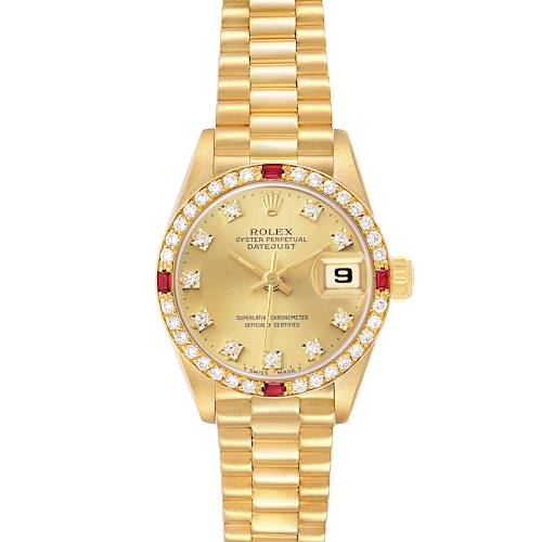 The Rolex President 69068 Women's Yellow Gold Champagne Dial watch is shown from a top view, highlighting the dial, bezel, and bracelet.