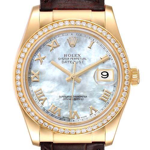 The image shows a frontal view of a Rolex Datejust 116188 Men's Yellow Gold Mother of Pearl Dial 116188 Men's Yellow Gold Mother of Pearl Dial watch, highlighting its bezel, dial, crown, and leather strap.
