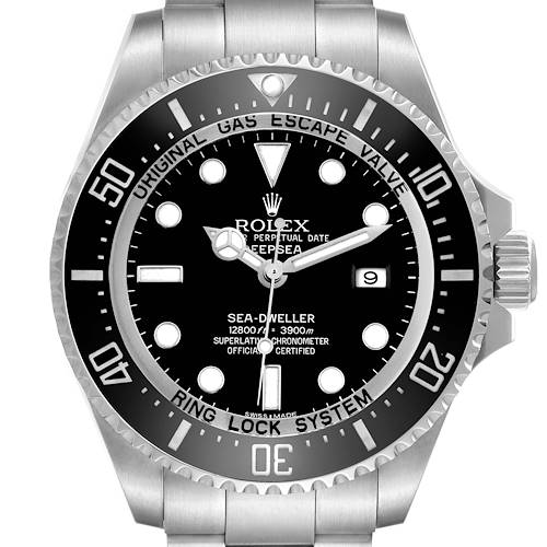 The Rolex Sea-Dweller 116660 Men's Stainless Steel Black Dial watch is shown from a front angle, highlighting the bezel, dial, hands, and bracelet.