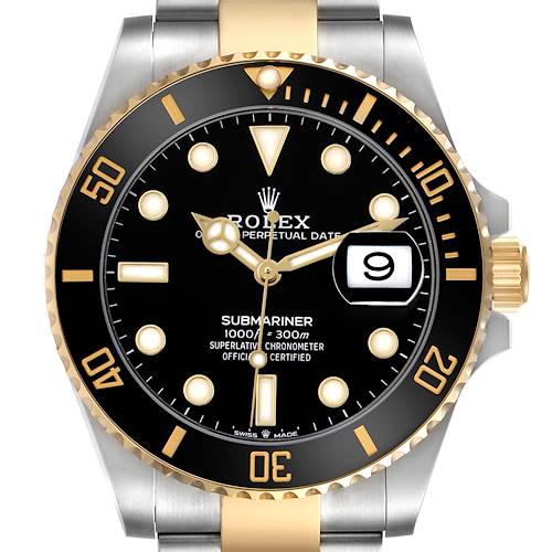 The Rolex Submariner 126613 Men's Steel and Gold (two tone) Black Dial watch is shown from a front angle, highlighting the bezel, dial, crown, and part of the bracelet.