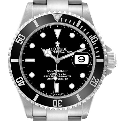 The Rolex Submariner 16610 Men's Stainless Steel Black Dial watch is shown from a front angle, displaying the dial, bezel, crown, and part of the bracelet.