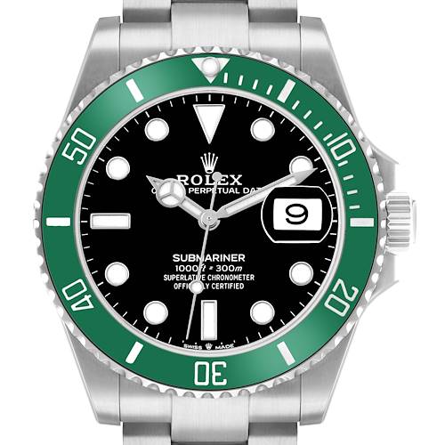 The image shows a front view of a Rolex Submariner 126610 Men's Stainless Steel Black Dial, highlighting the green bezel, black dial, and date window.