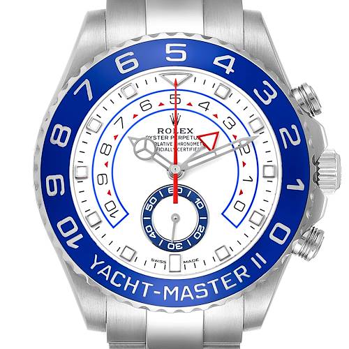 The Rolex Yacht-Master 116680 Men's Stainless Steel White Dial watch is shown from the front, highlighting its bezel, dial, hands, and crown.